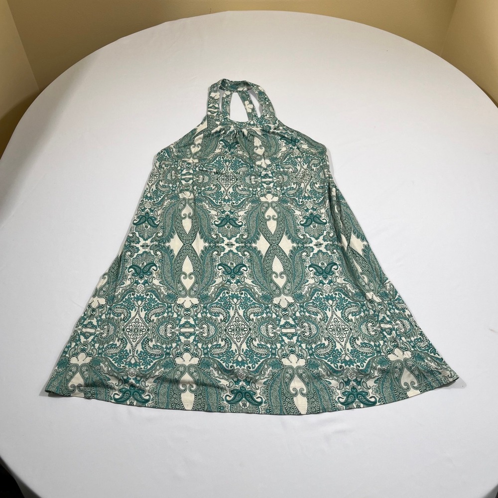 Lascana Halter Dress Women Size 8 Teal Cream Paisley Print A-Line Boho Mini